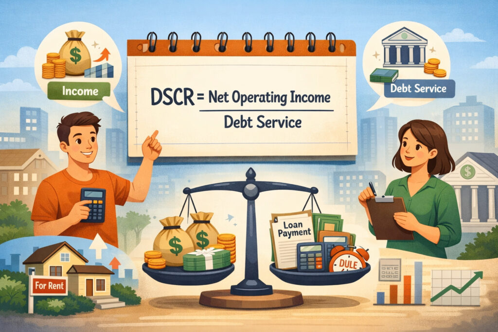 Illustration of debt service coverage ratio concept showing income versus loan payments with financial icons and balance scale representing cash flow and debt obligations