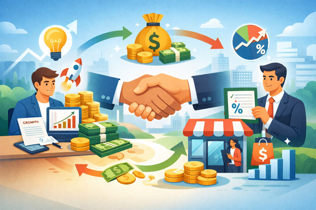 Revenue-based financing illustration showing investor and business owner sharing profits with growth charts, cash flow, and revenue icons in a modern city backdrop