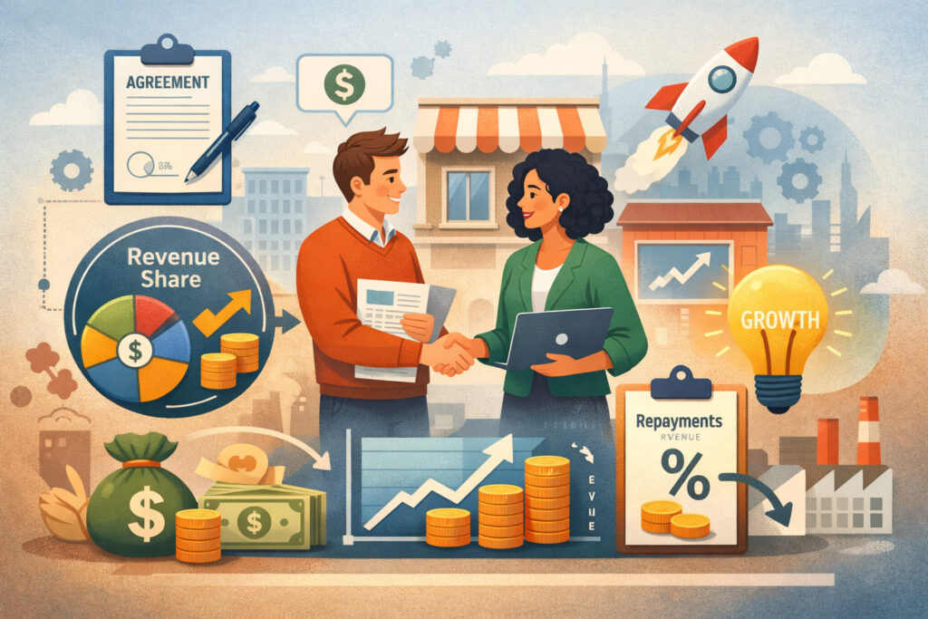 Illustration of startup founders securing revenue-based financing with investor funding, revenue sharing model, growth charts, and business expansion visuals