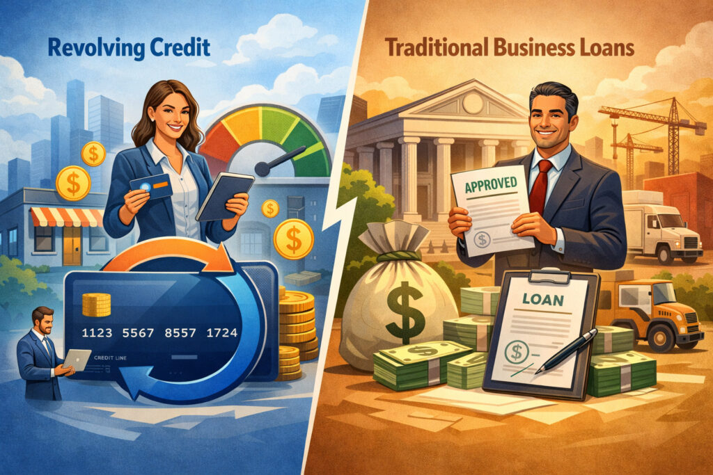Illustration comparing revolving credit and traditional business loans, showing flexible credit usage with cards and dashboards versus approved lump-sum bank financing with documents, cash, and business assets in background