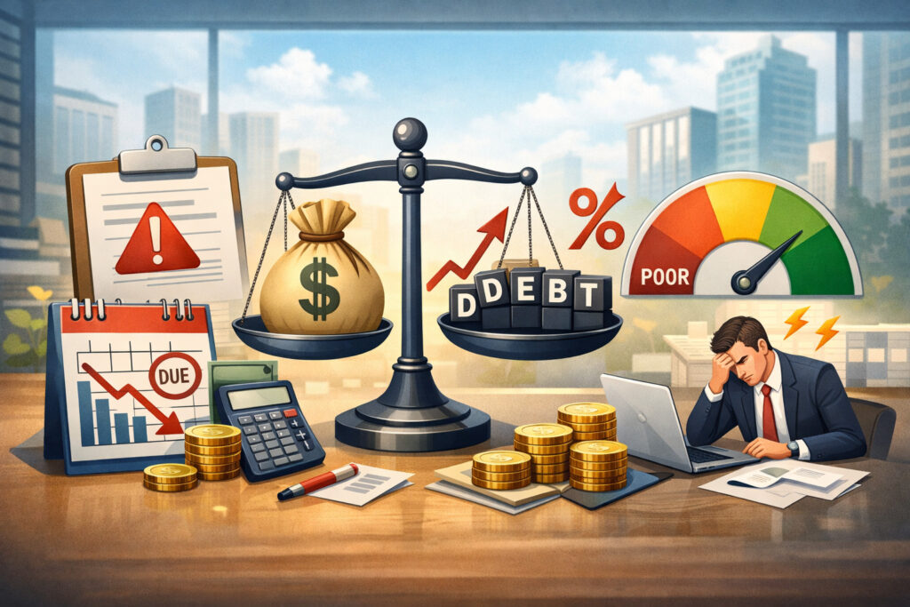 Business owner reviewing finances with debt indicators, declining charts, and interest rate gauge illustrating need for refinancing existing business debt