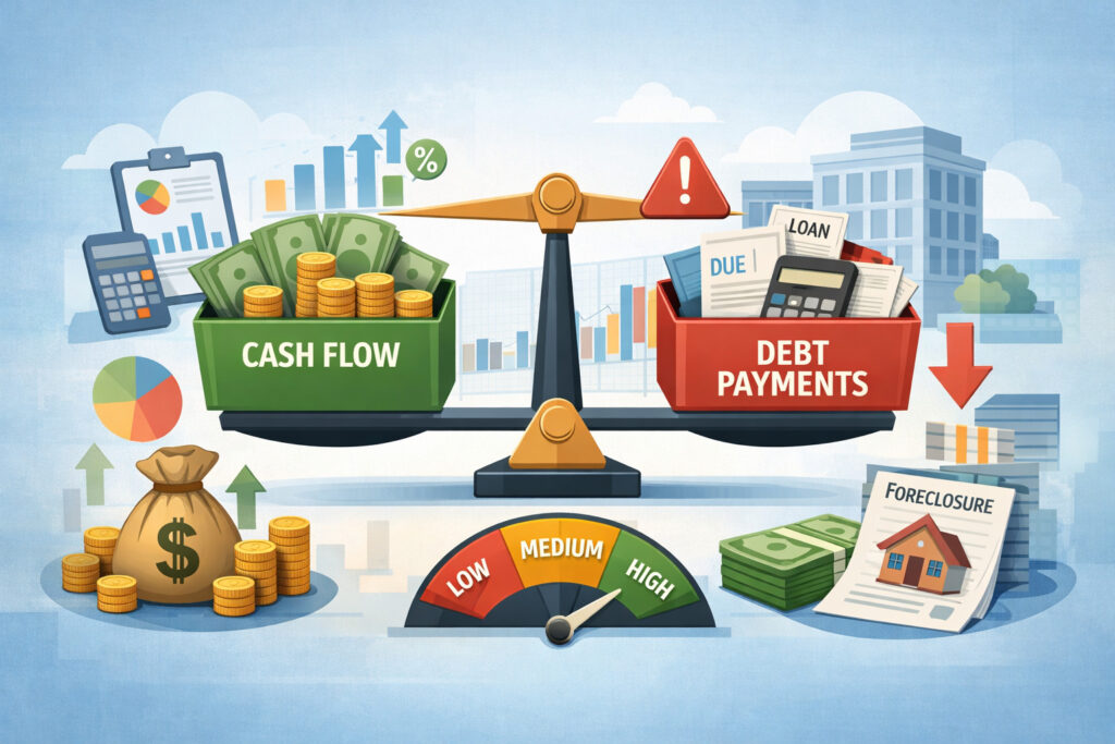 Illustration of business cash flow versus debt payments on a balance scale representing debt service coverage ratio and financial stability