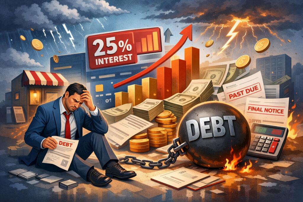 High-interest business debt concept showing stressed business owner, rising interest rates, growing financial burden, and loan pressure impacting small business finances