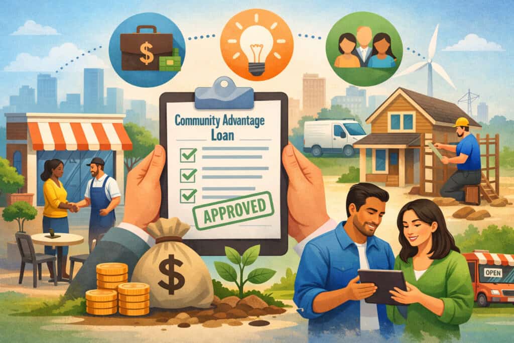 Community Advantage loan illustration showing small business funding, community development, entrepreneurship growth, and financial support concepts