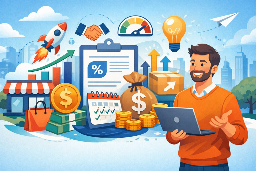 Revenue-based financing illustration showing startup founder with laptop, growth charts, cash flow icons, and business expansion symbols