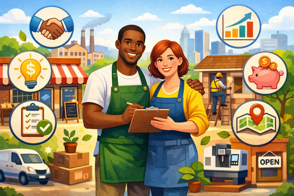 Small business owners reviewing finances with community funding icons, illustrating accessible financing, growth opportunities, and local support for entrepreneurs