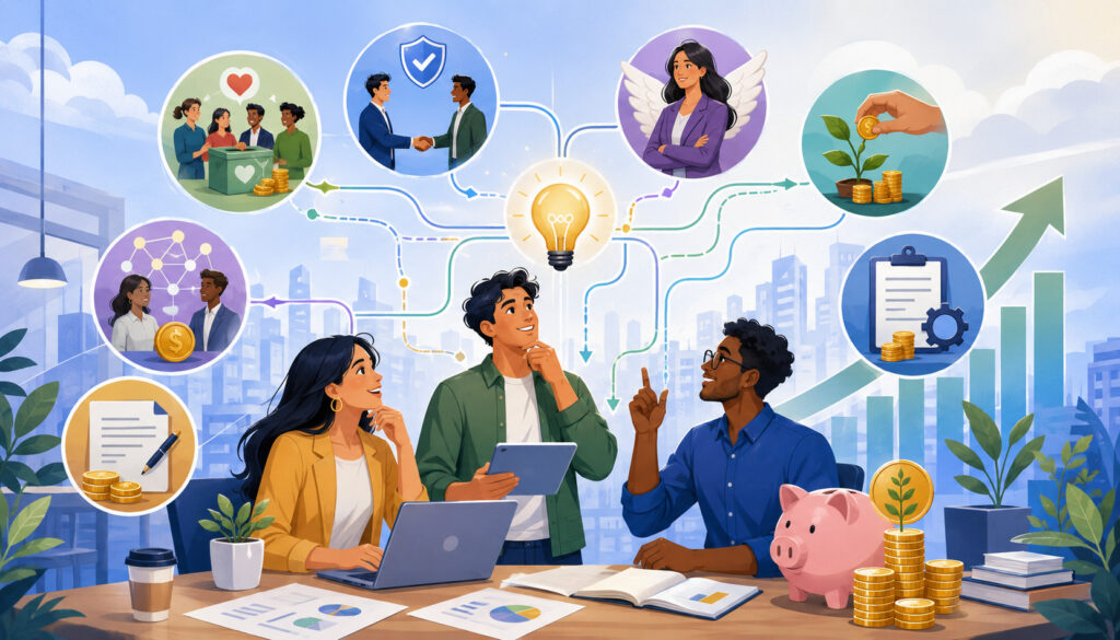 Startup team exploring alternative business funding options