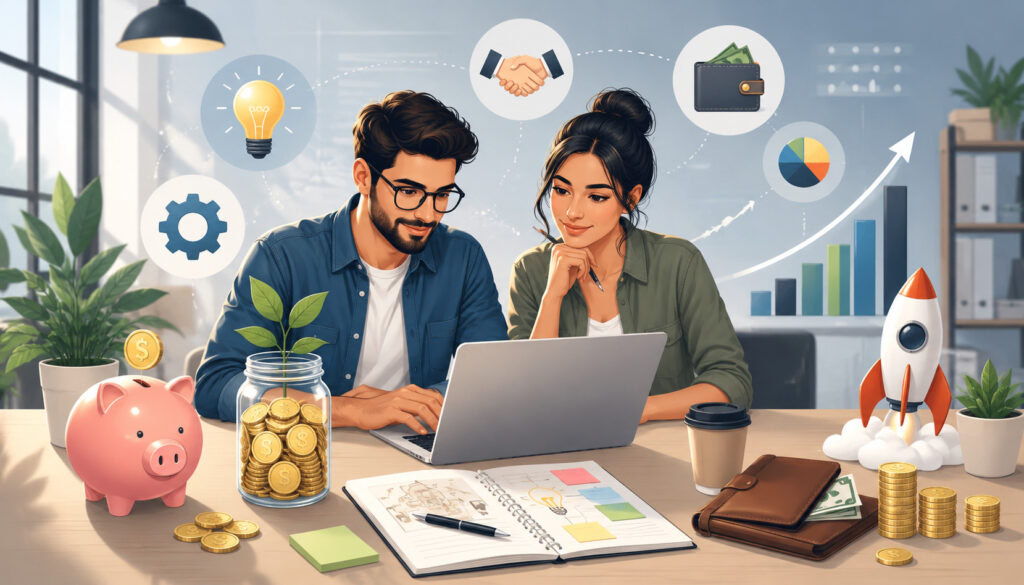 Bootstrapped startup founders planning business growth with personal savings