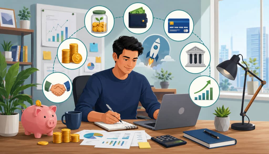 Entrepreneur planning startup funding with savings and finance icons