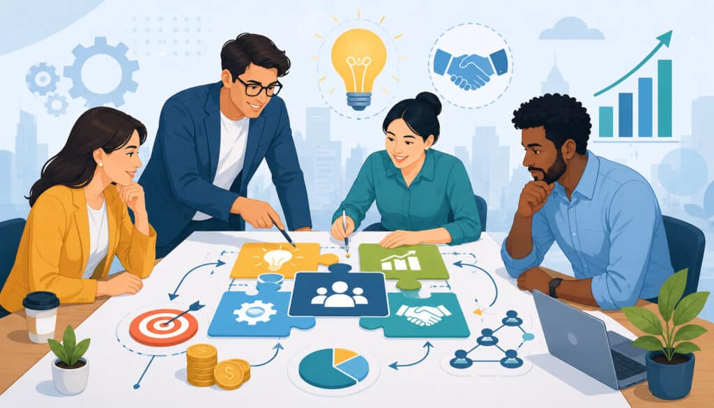 Business team building a clear business model with strategy icons