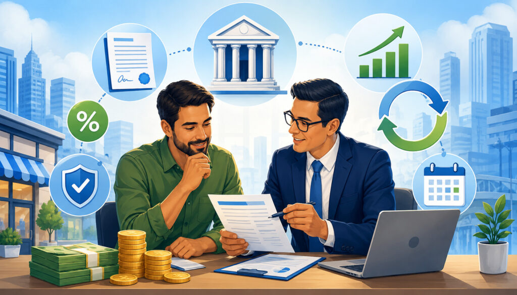 Business owner reviewing debt financing with lender