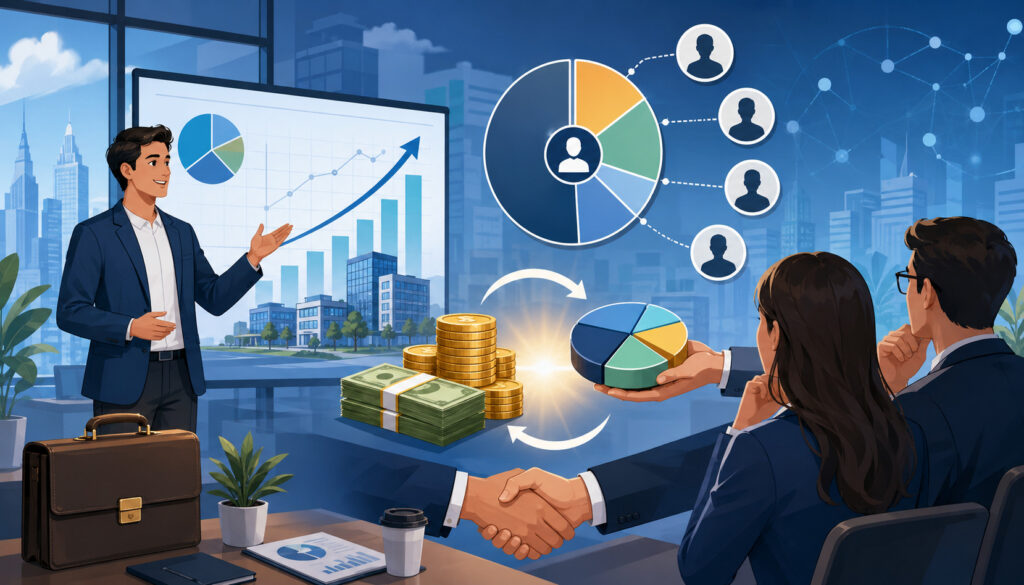 Equity financing concept showing investors exchanging capital for business ownership shares