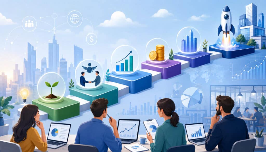 Startup funding stages and growth journey illustration