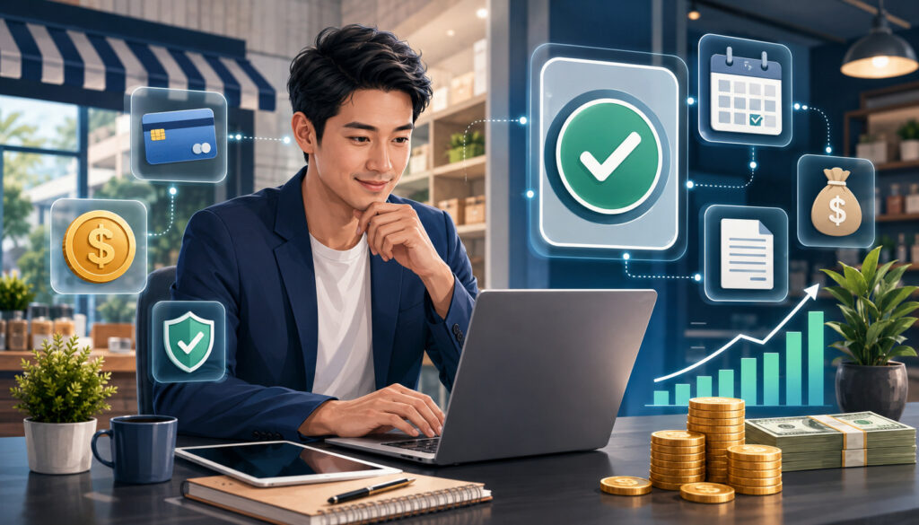 Online business loan approval and funding illustration