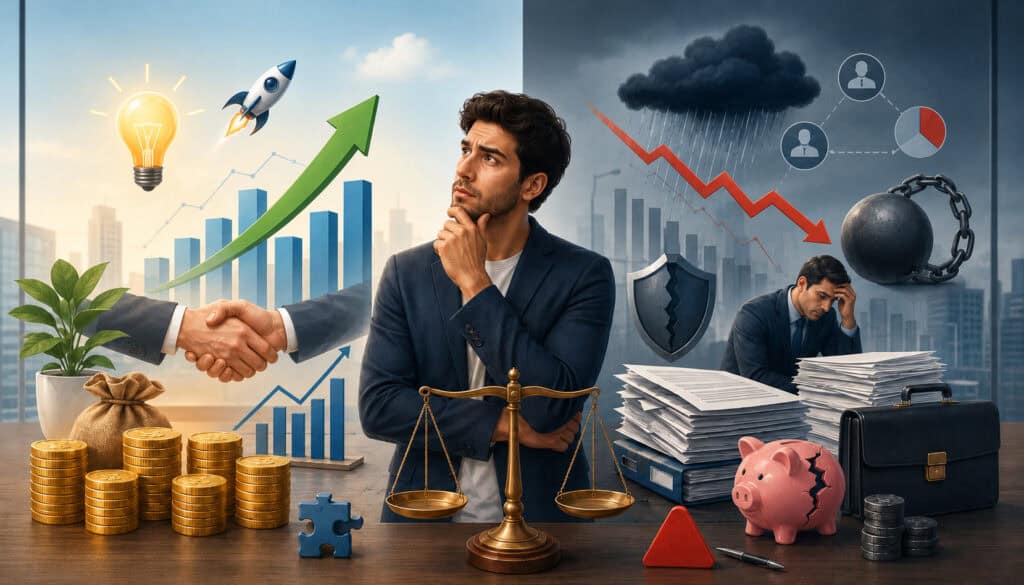 Entrepreneur weighing the pros and cons of bootstrapping a business