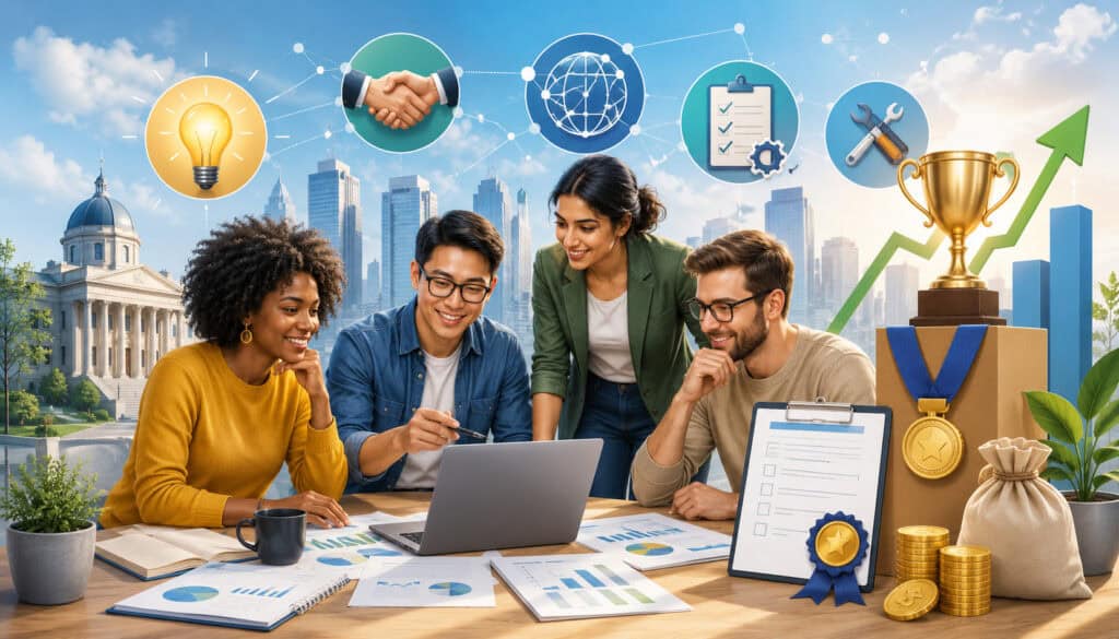 Startup team exploring grants, competitions, and business resources