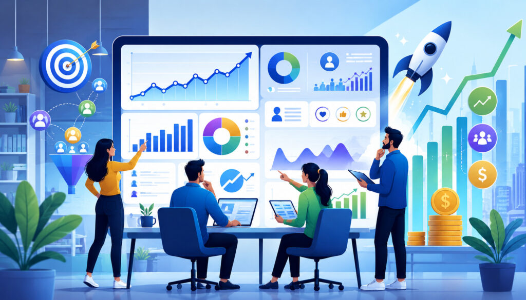 Startup team analyzing traction and performance metrics dashboard