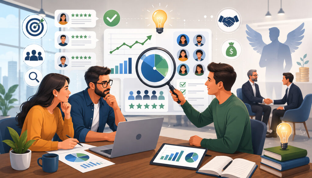 Startup team validating market data before pitching angel investors