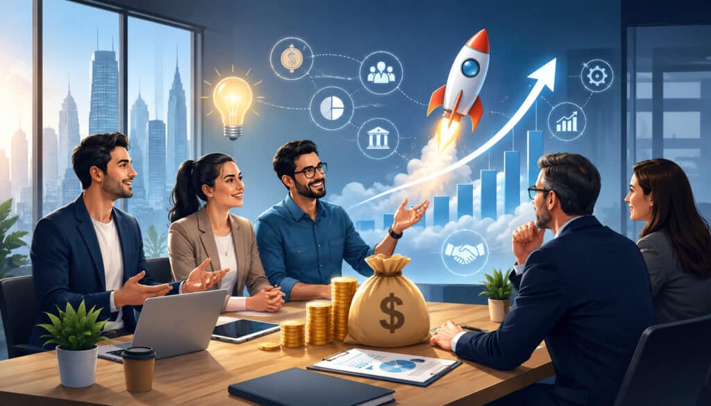 Startup founders pitching investors for capital and business growth