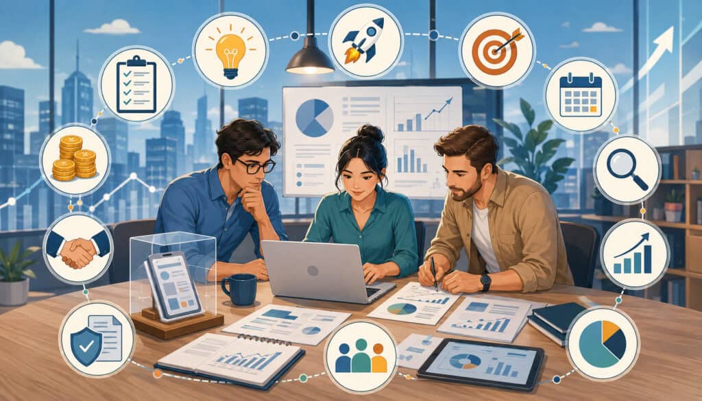 Startup team preparing financial documents and strategy before seeking funding