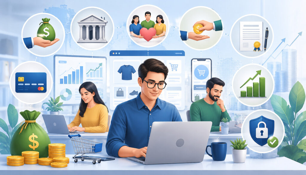 Online business funding options illustration with e-commerce growth icons