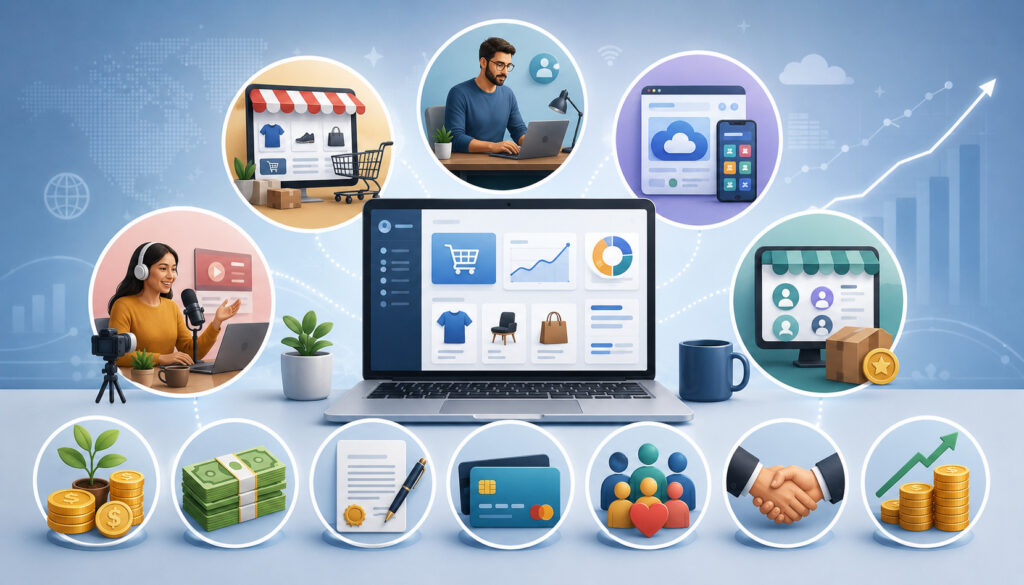 Funding options for online business types illustration