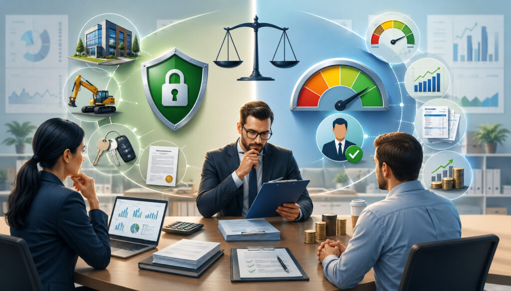 Lender evaluating secured and unsecured business loan applications