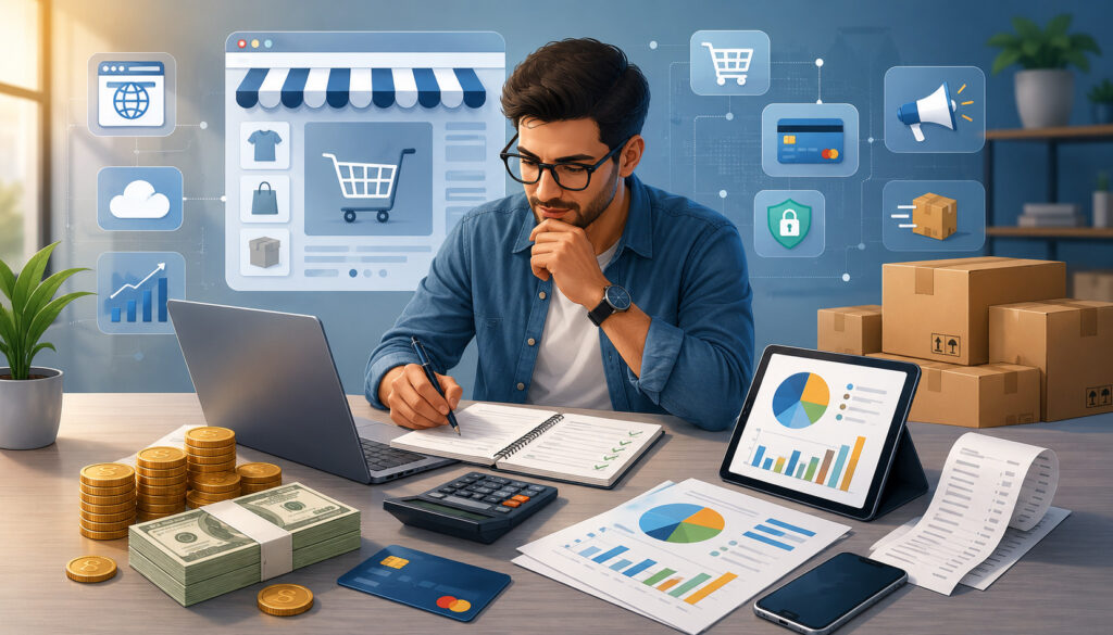 Online business startup cost planning illustration