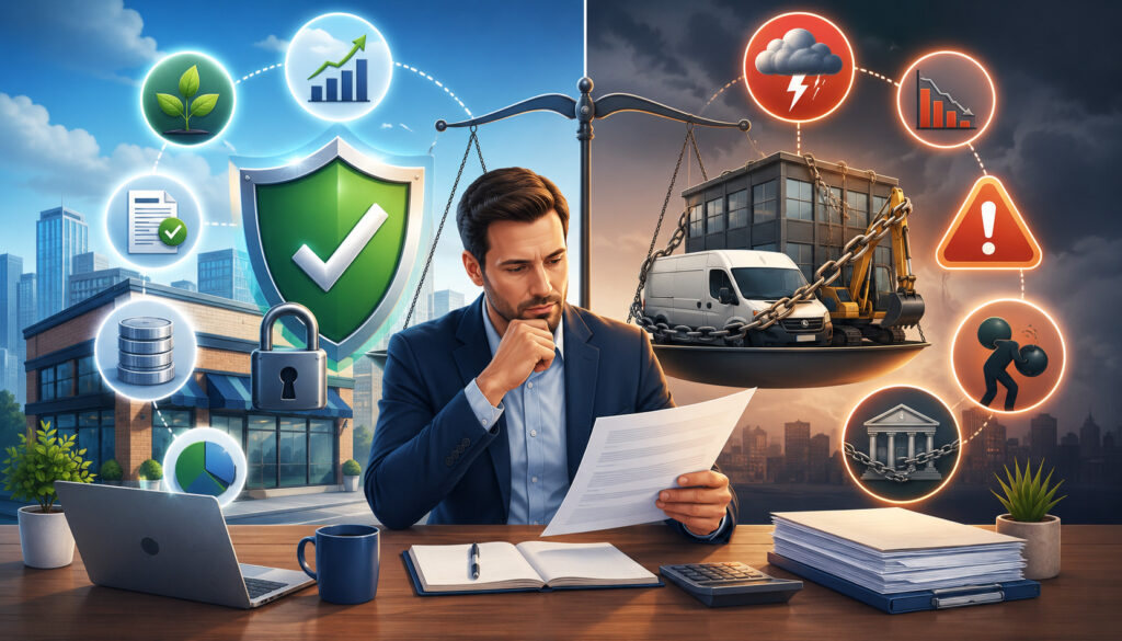 Secured business loan pros and cons illustration with collateral, approval, and risk icons