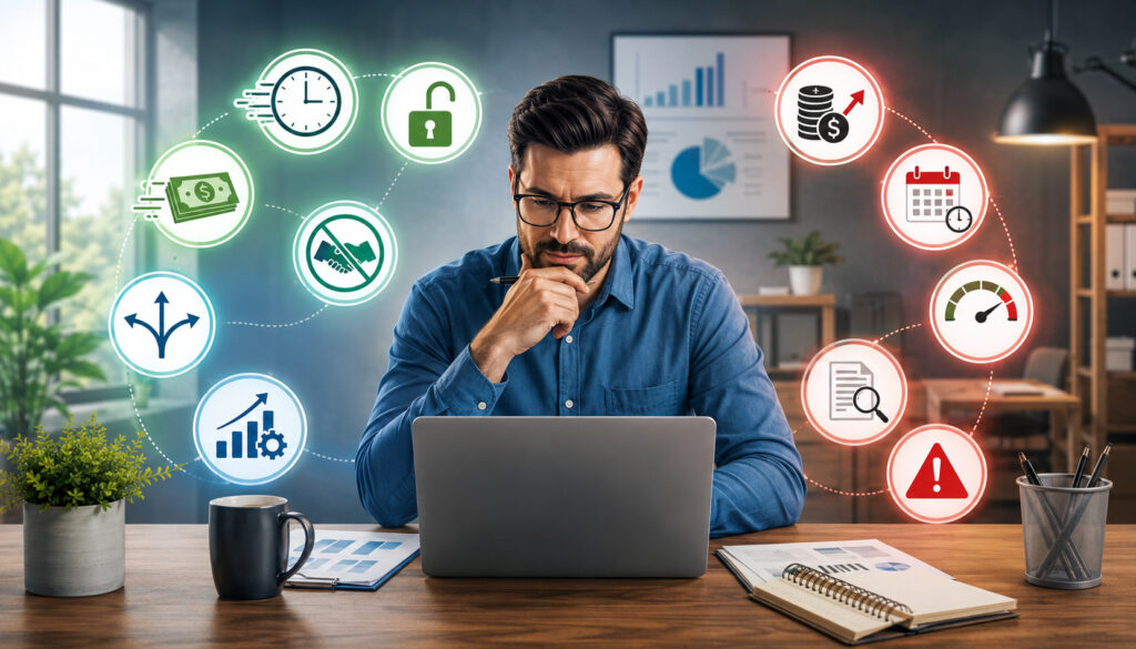 Business owner comparing unsecured loan pros and cons with finance icons