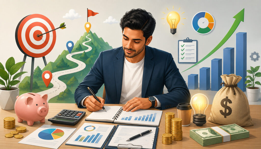 Entrepreneur setting clear funding goals with financial planning icons