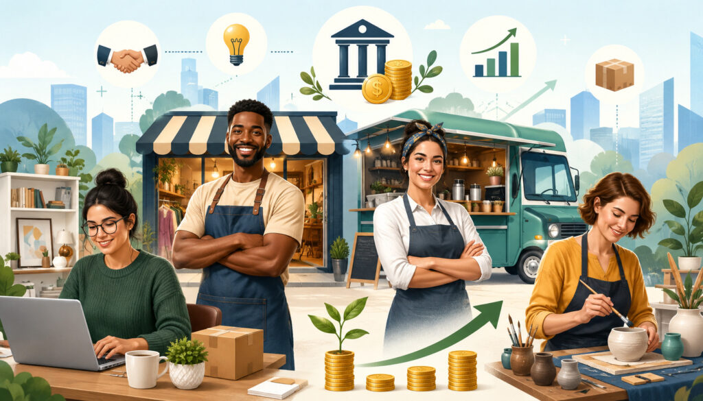 Diverse small business owners benefiting from SBA microloans